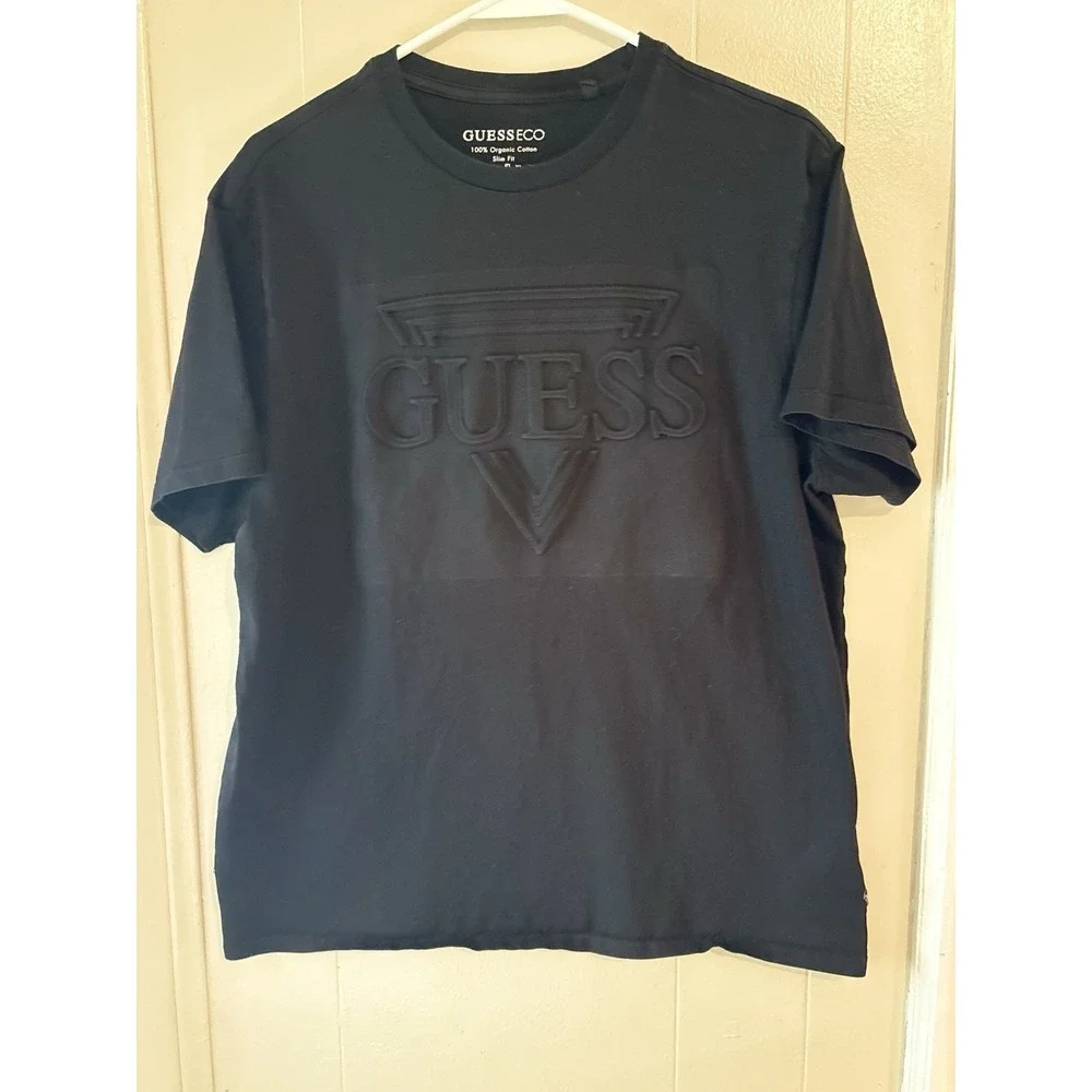 GUESS Men's L Black Solid Logo Crew Neck Short Sleeve Cotton Knit T-Shirt - Picture 5 of 5